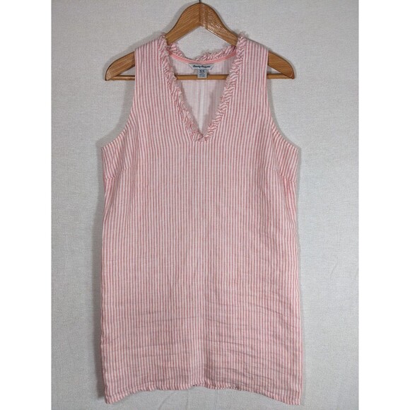 Tommy Bahama Dress Linen Mini Cabana Pink Striped Fringe Shift Women's Size Med - Picture 1 of 10